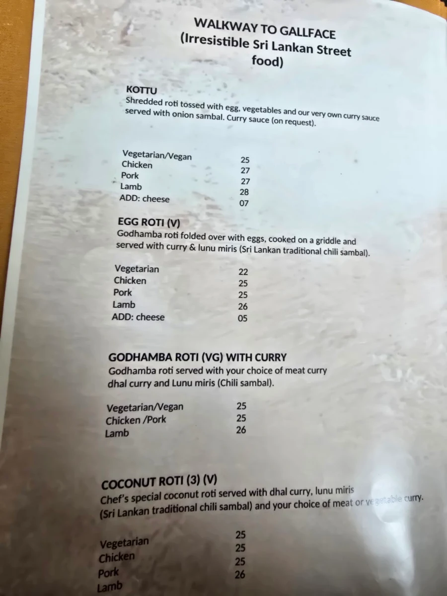 Menu, Walkway to Ceylon