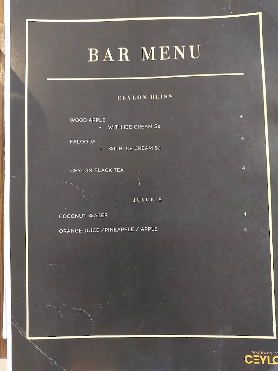 Menu, Walkway to Ceylon