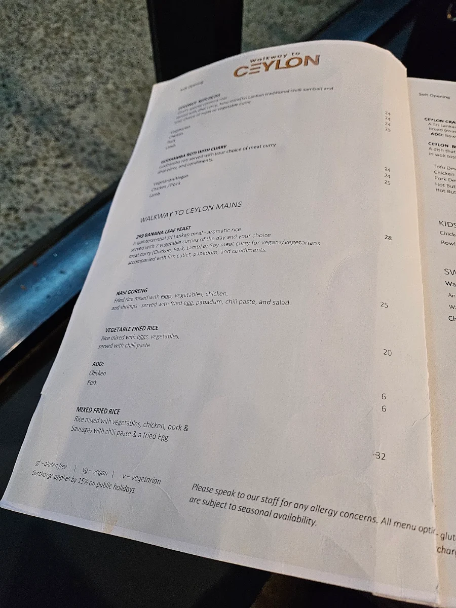 Menu, Walkway to Ceylon