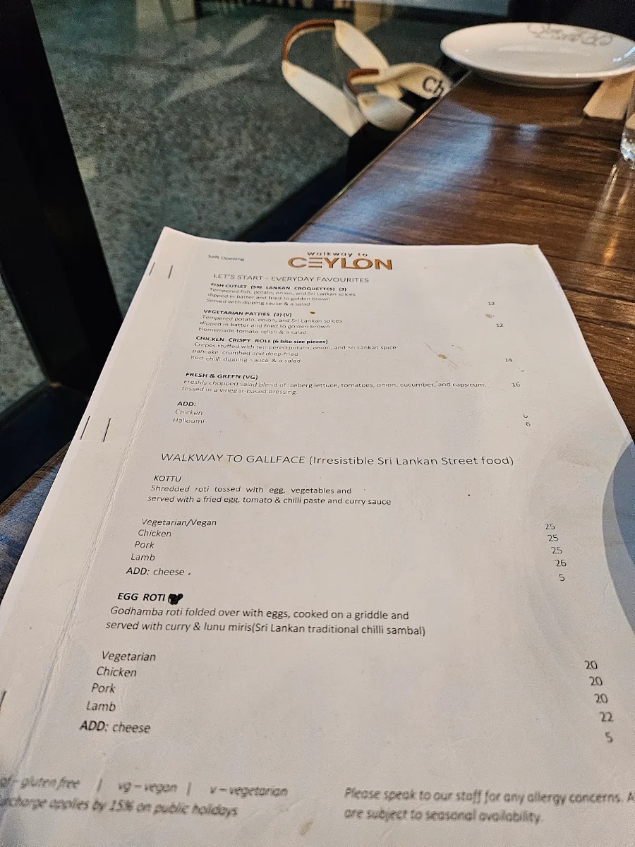 Menu, Walkway to Ceylon