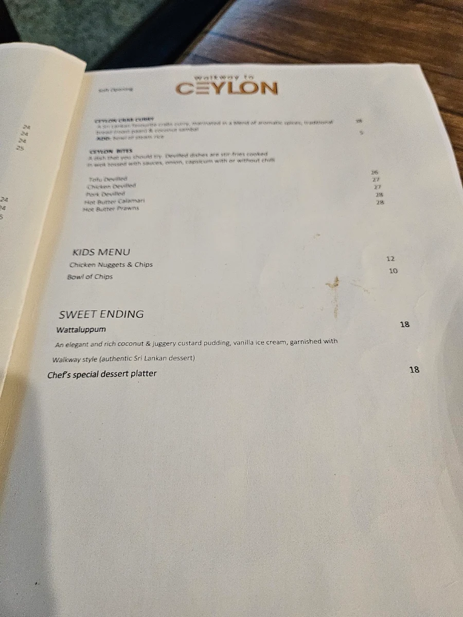 Menu, Walkway to Ceylon