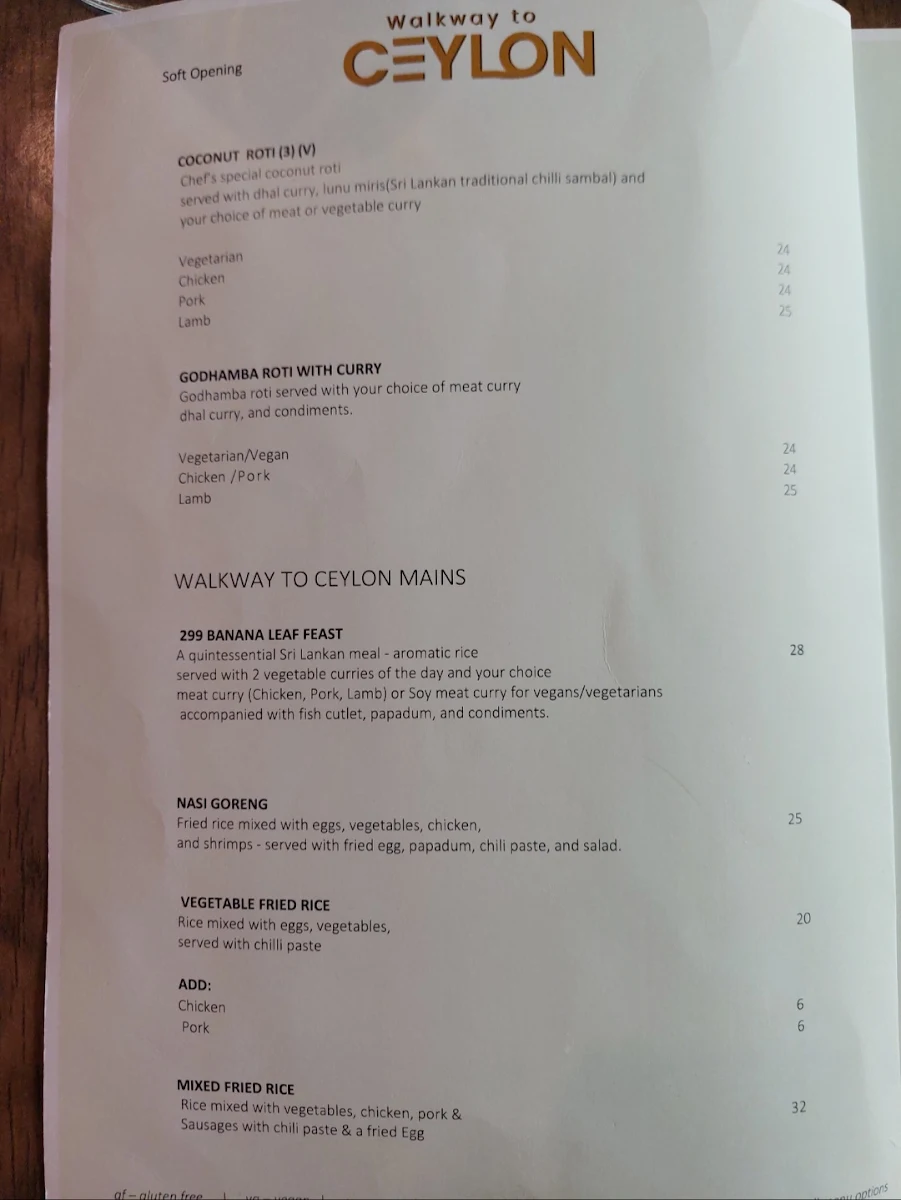Menu, Walkway to Ceylon