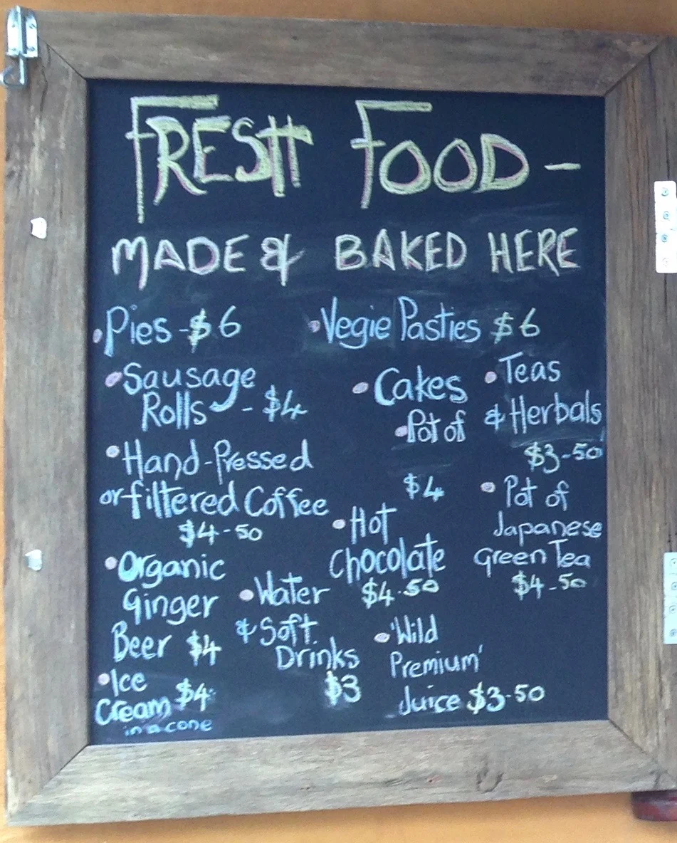 Menu, Ellenborough Falls Kiosk
