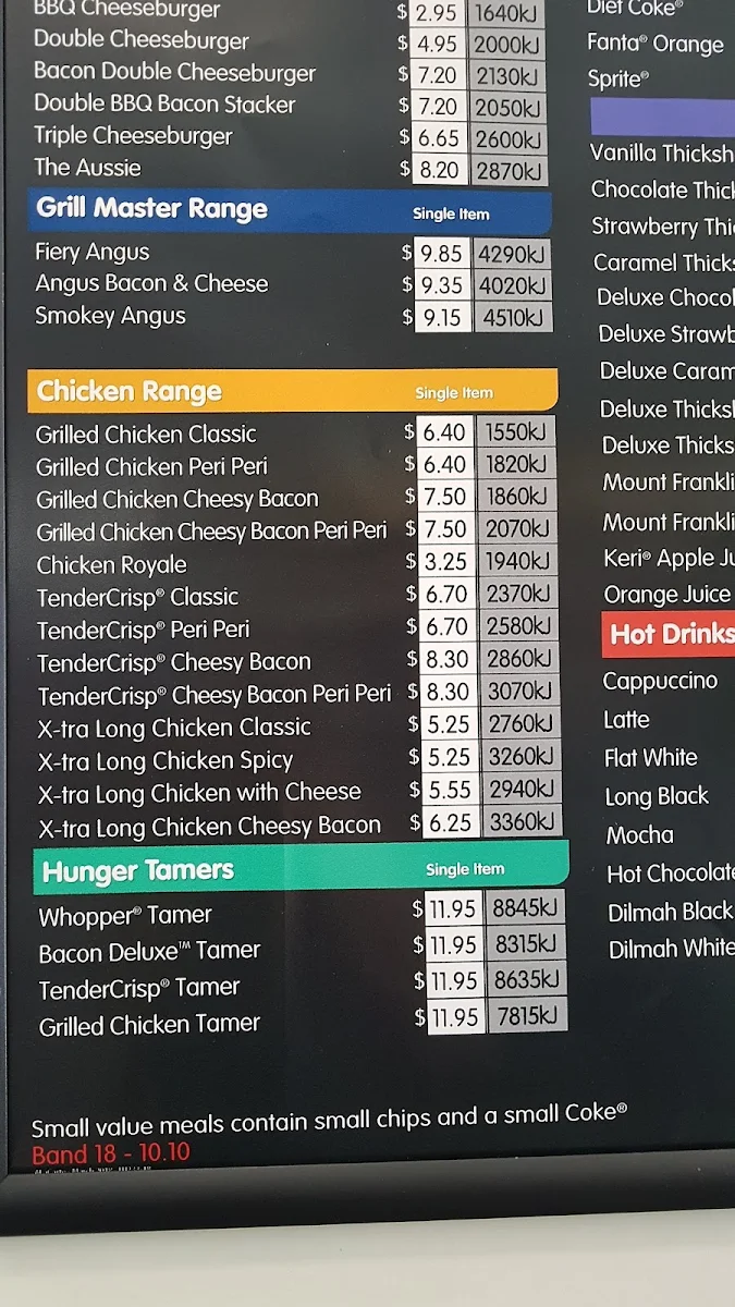Menu, Hungry Jack's Burgers Kalgoorlie