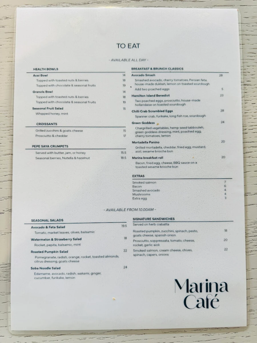 Menu, Marina Cafe