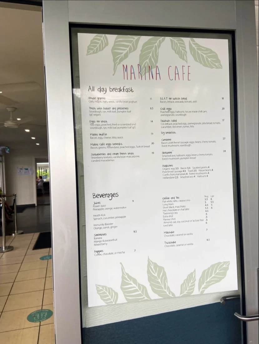 Menu, Marina Cafe