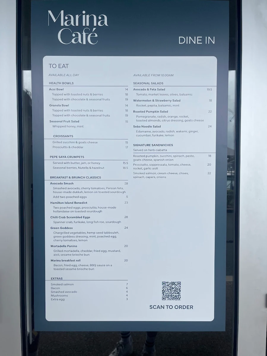 Menu, Marina Cafe