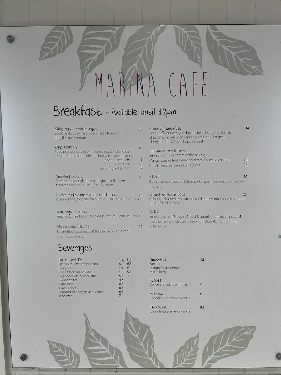 Menu, Marina Cafe