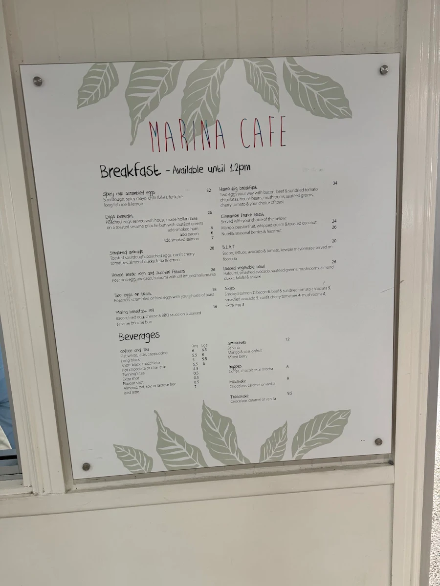 Menu, Marina Cafe