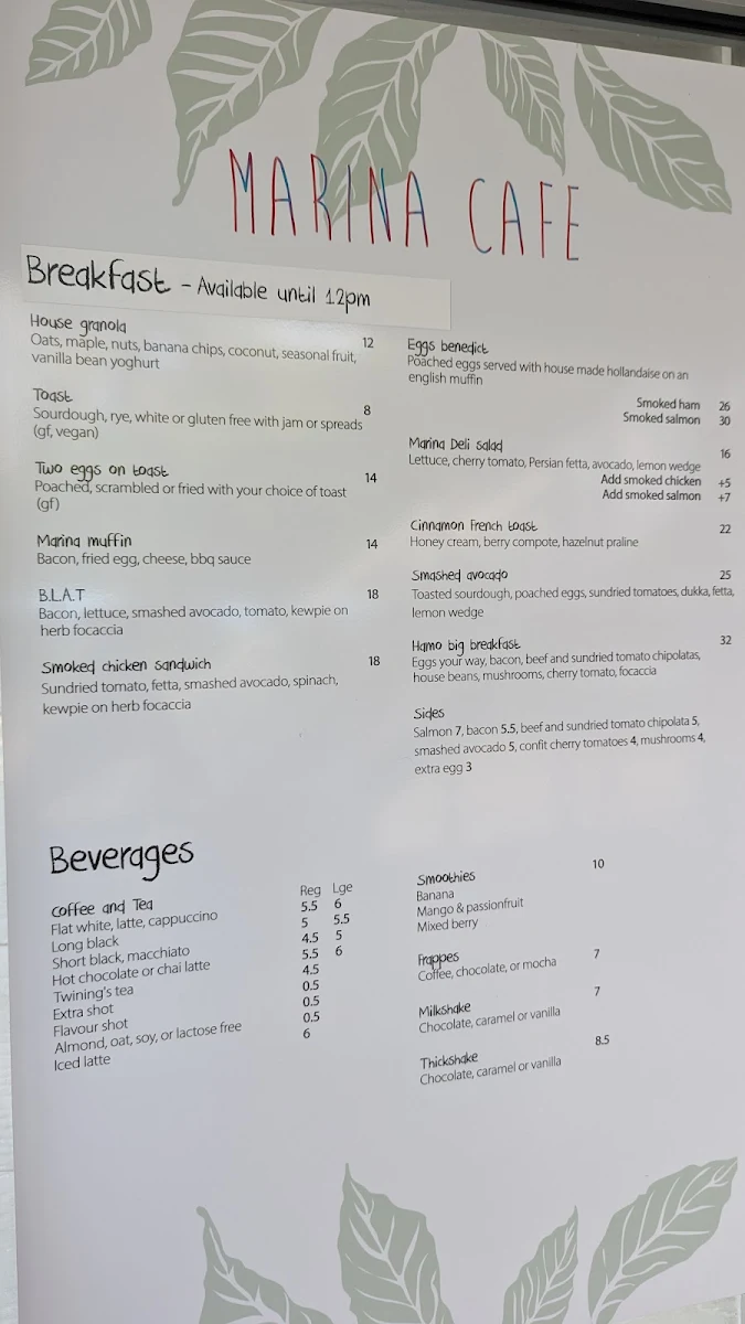 Menu, Marina Cafe