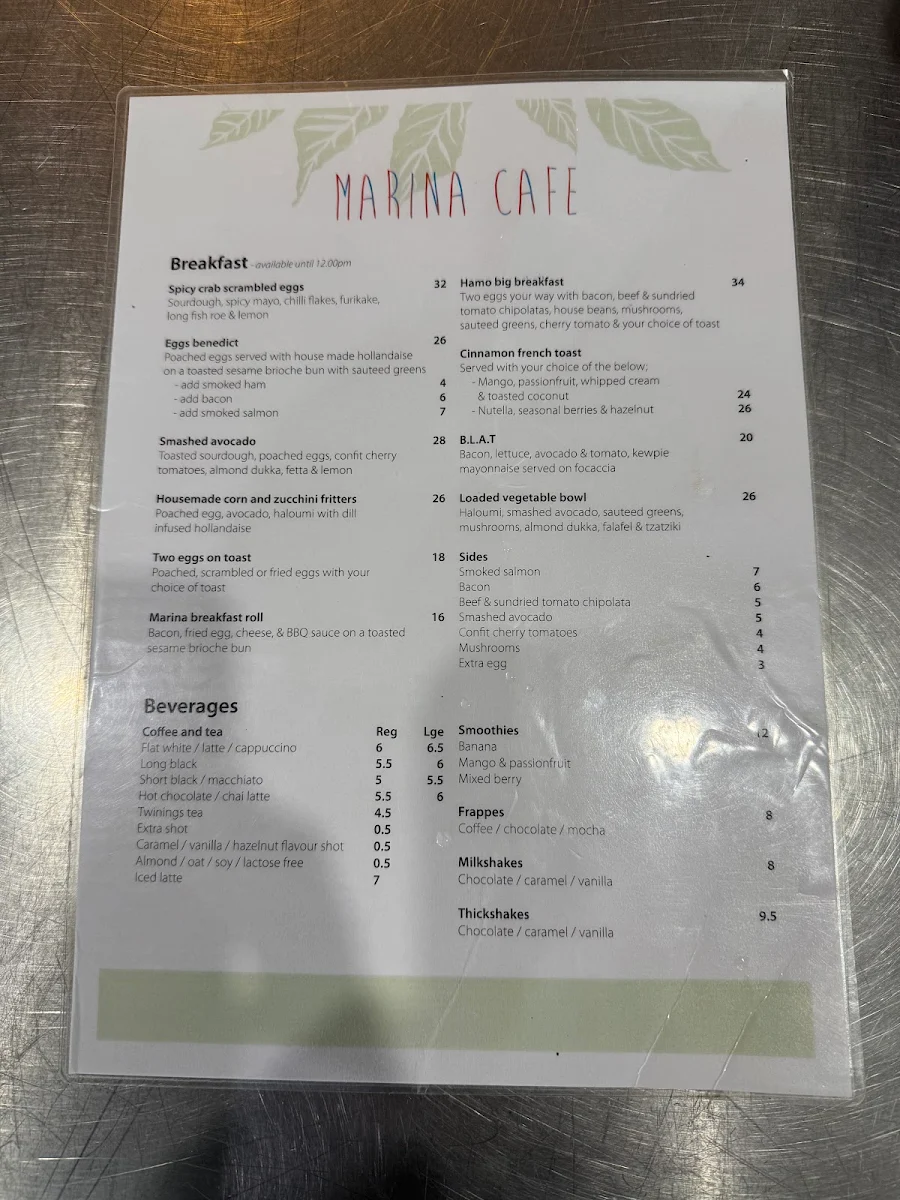 Menu, Marina Cafe