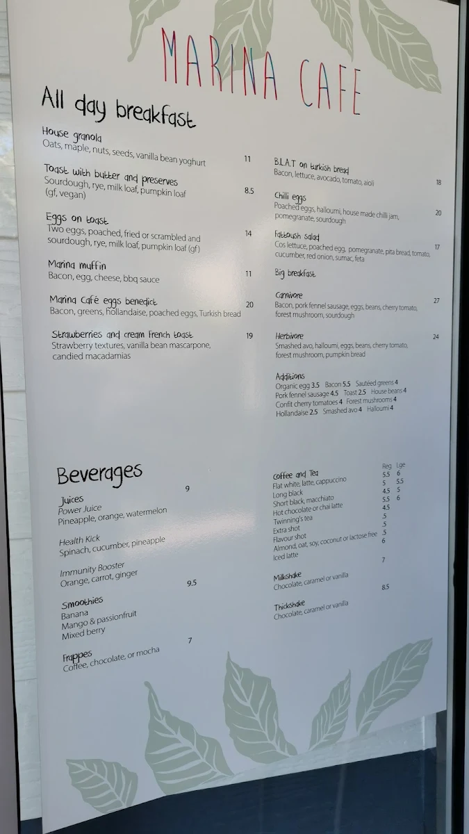 Menu, Marina Cafe