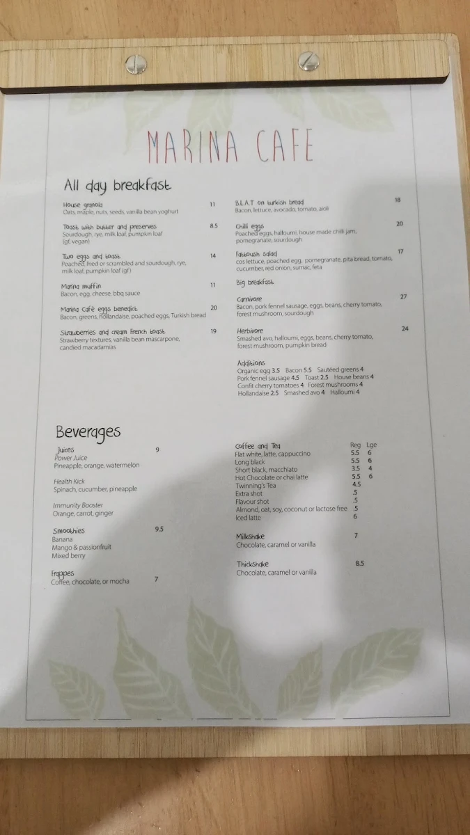 Menu, Marina Cafe