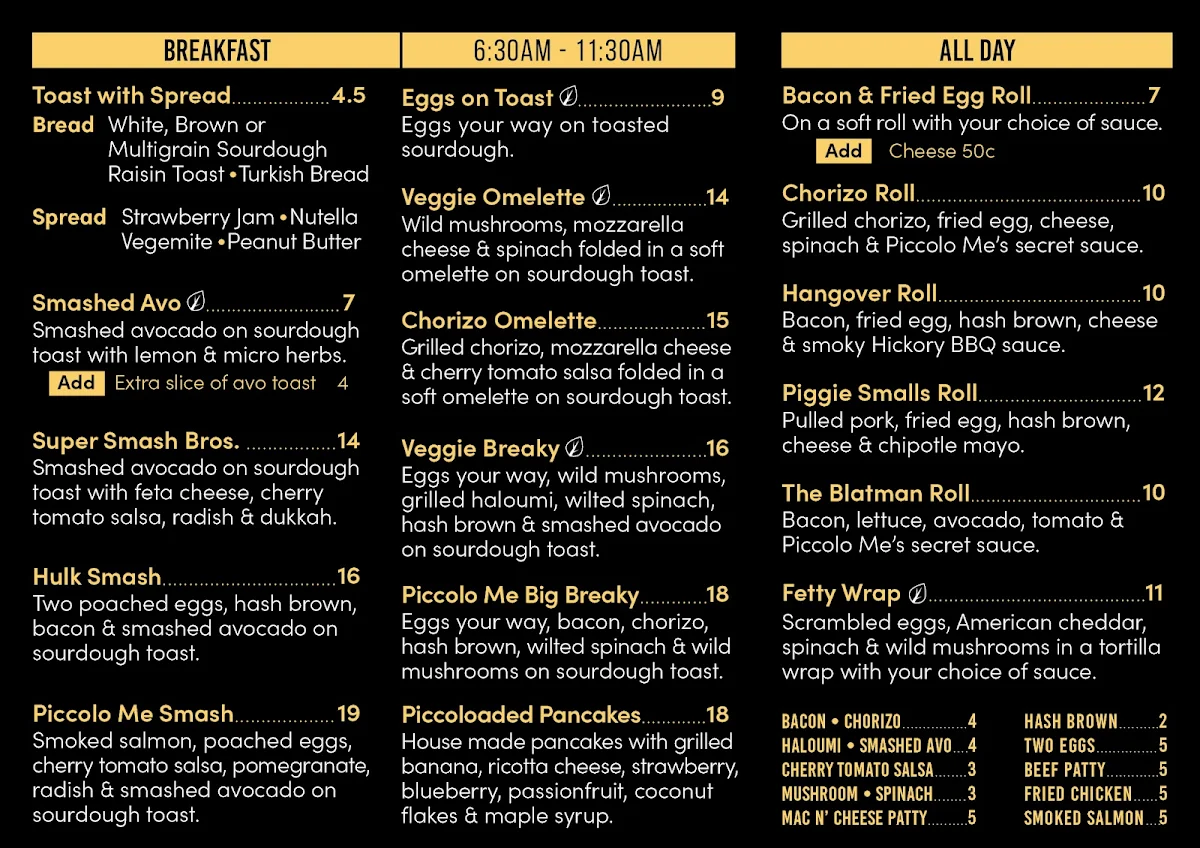 Menu, Piccolo Me Kings Park