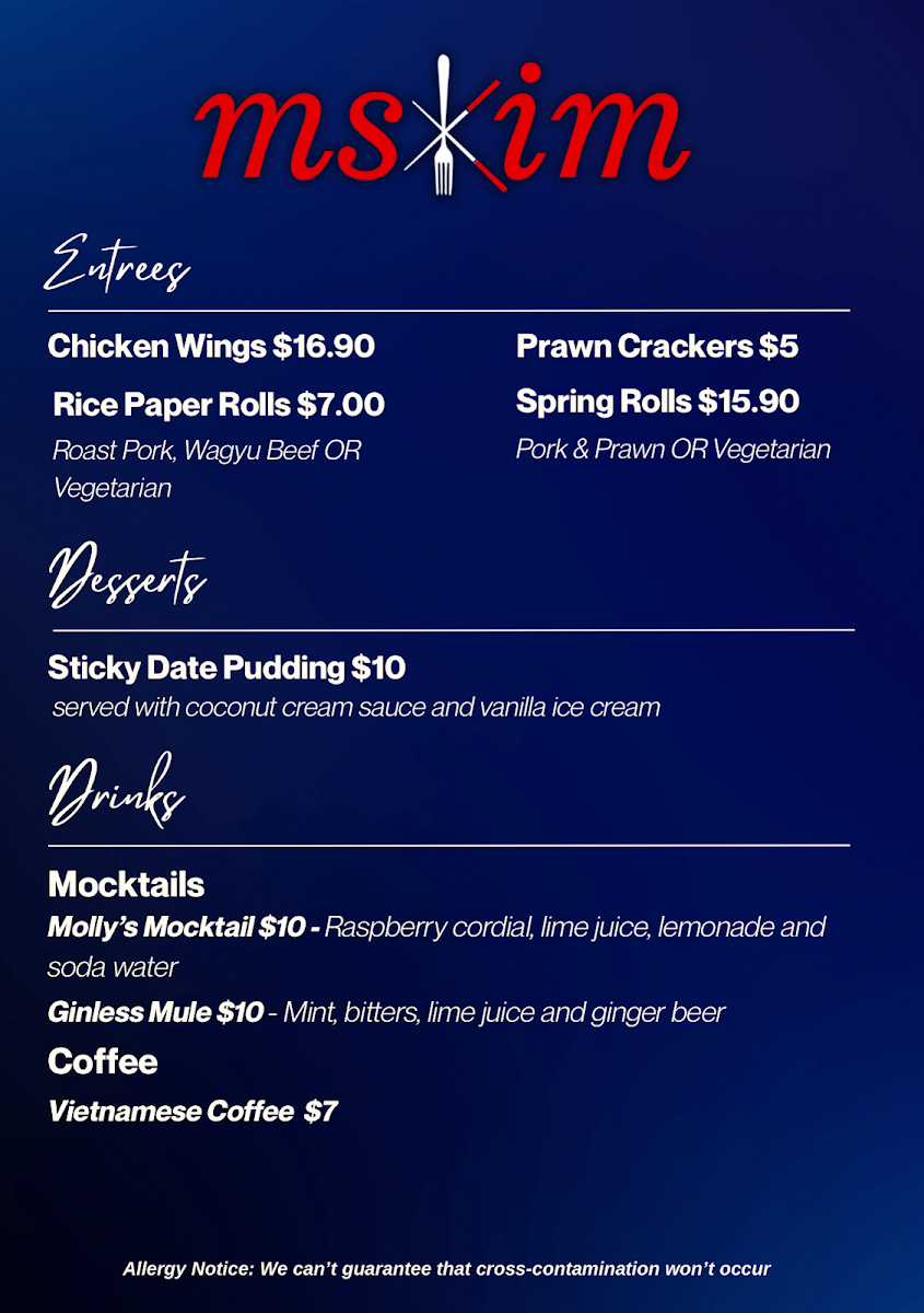 Menu, Ms Kim @ Windsor