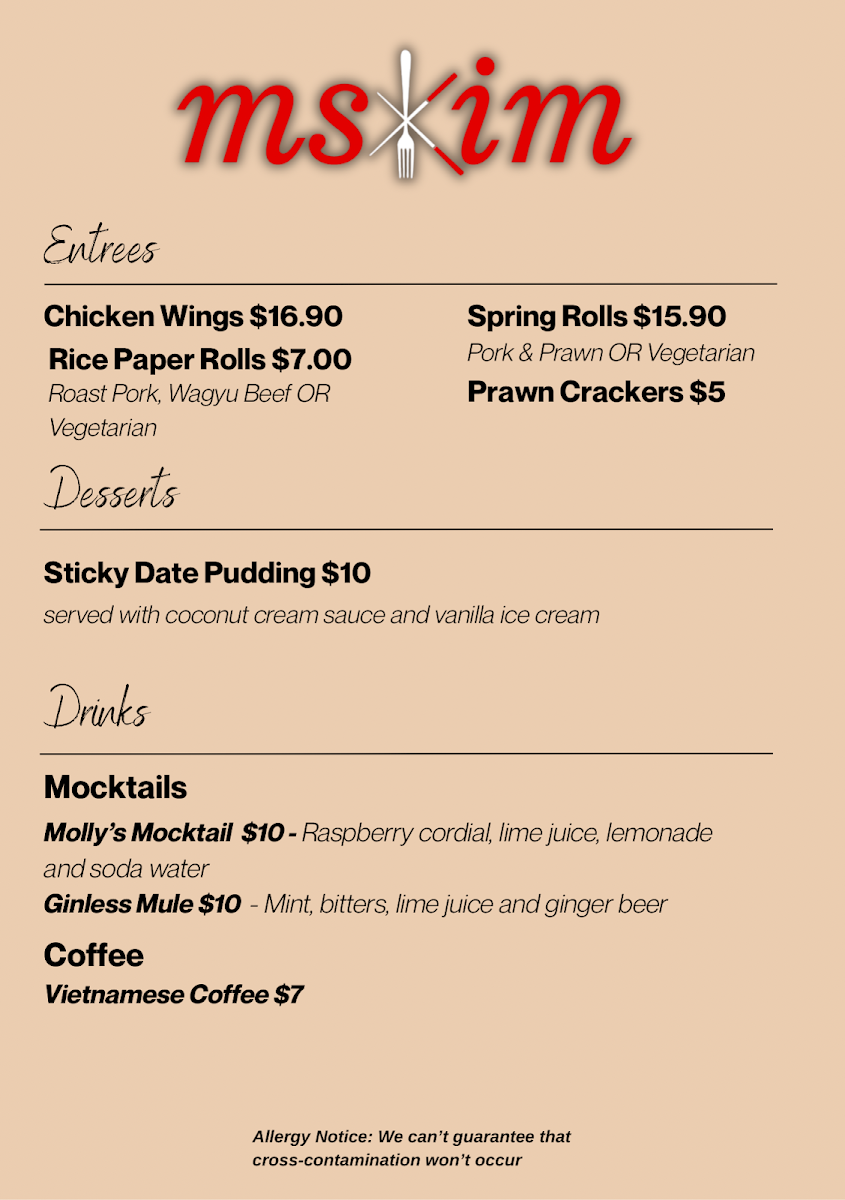Menu, Ms Kim @ Windsor