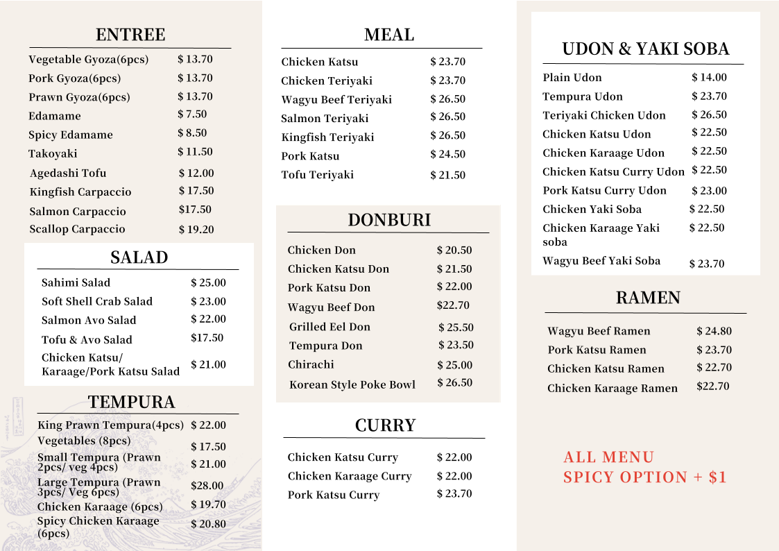 Menu, Sushiki
