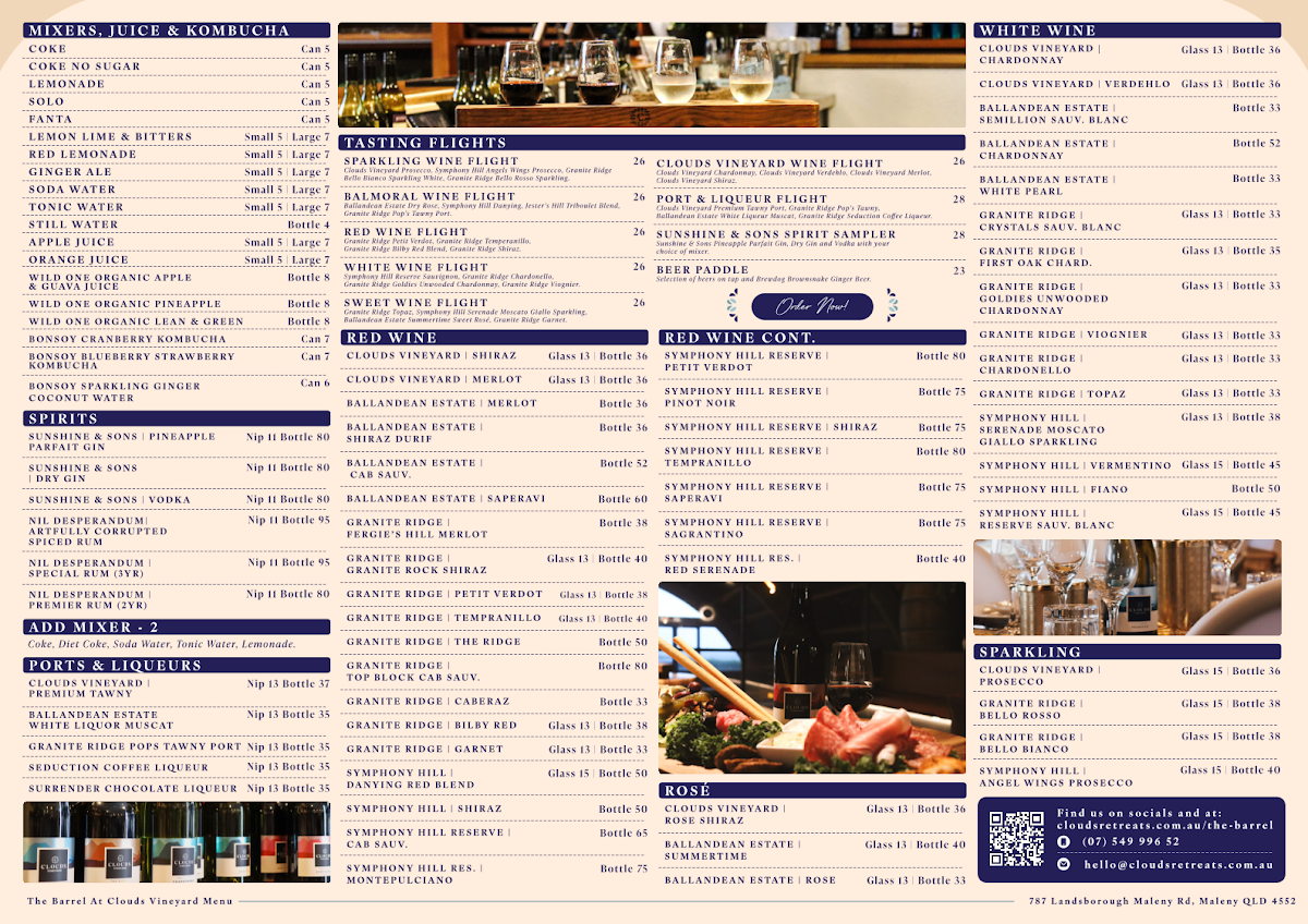 Menu, The Barrel @ Clouds Vineyard Maleny