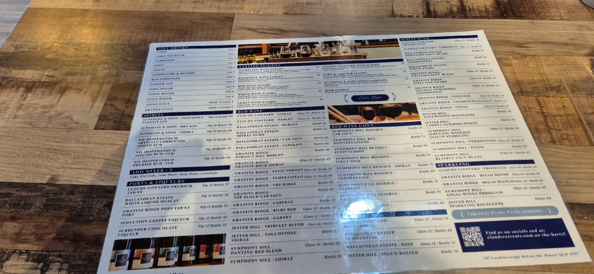 Menu, The Barrel @ Clouds Vineyard Maleny