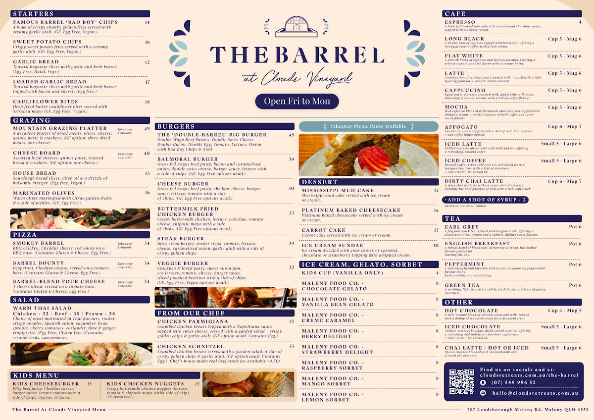 Menu, The Barrel @ Clouds Vineyard Maleny