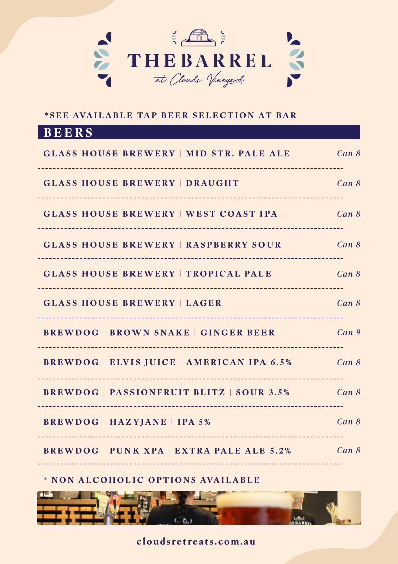 Menu, The Barrel @ Clouds Vineyard Maleny
