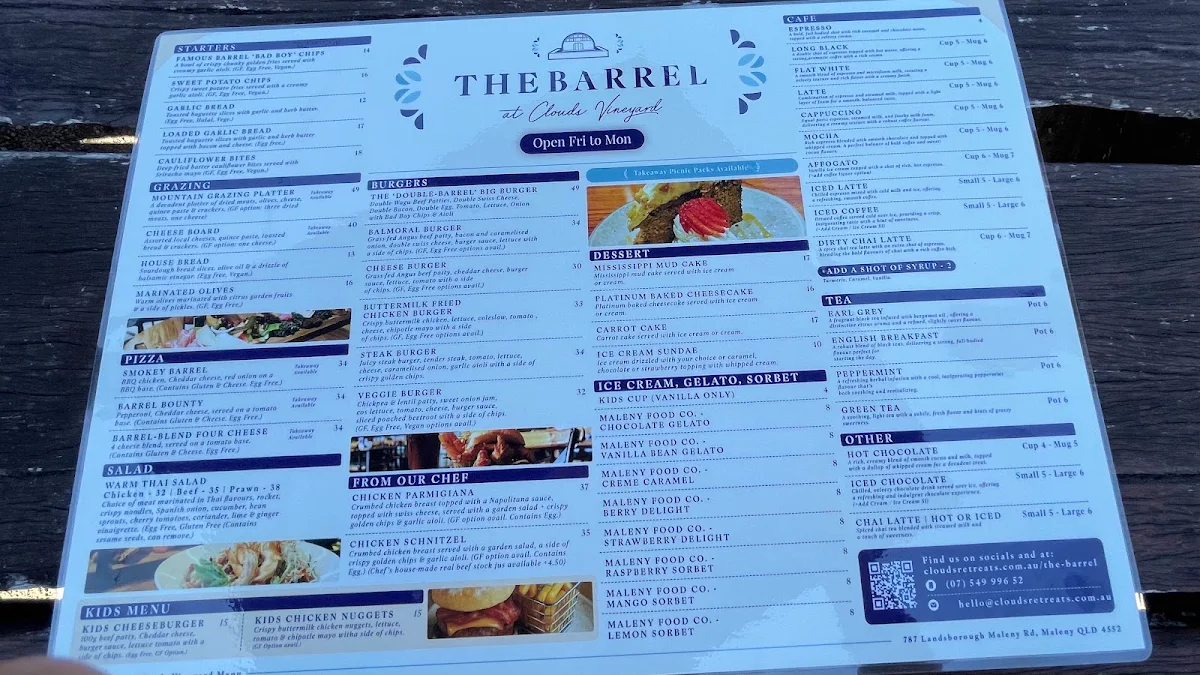 Menu, The Barrel @ Clouds Vineyard Maleny