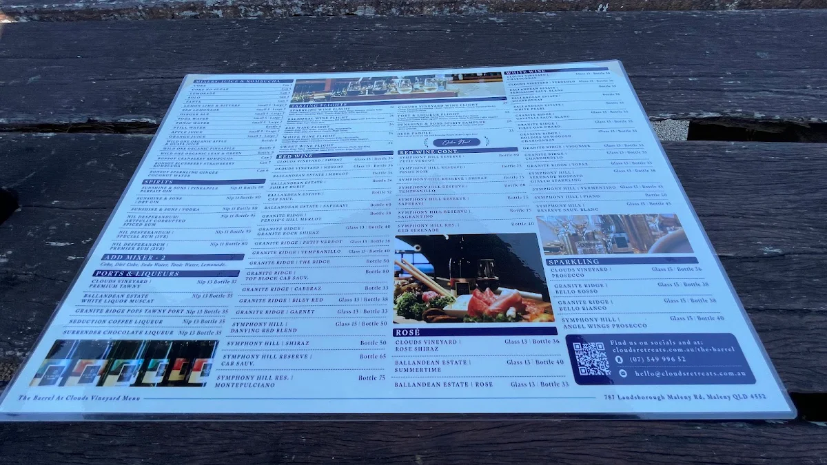 Menu, The Barrel @ Clouds Vineyard Maleny