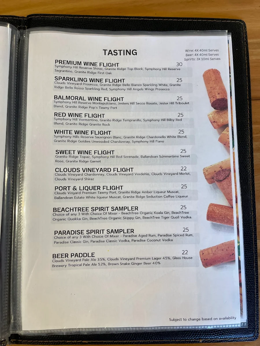 Menu, The Barrel @ Clouds Vineyard Maleny