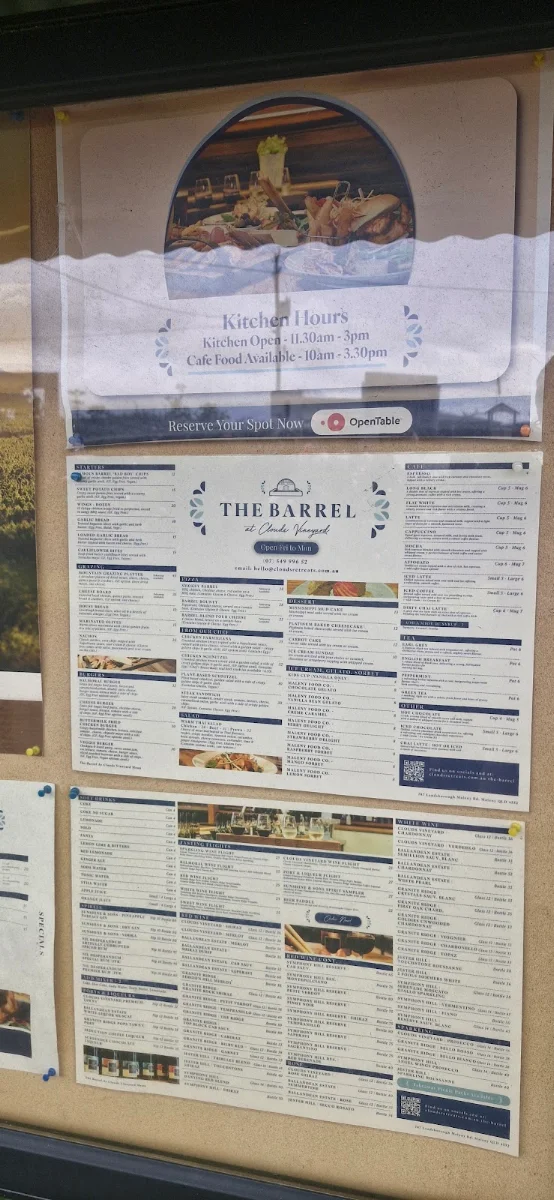 Menu, The Barrel @ Clouds Vineyard Maleny
