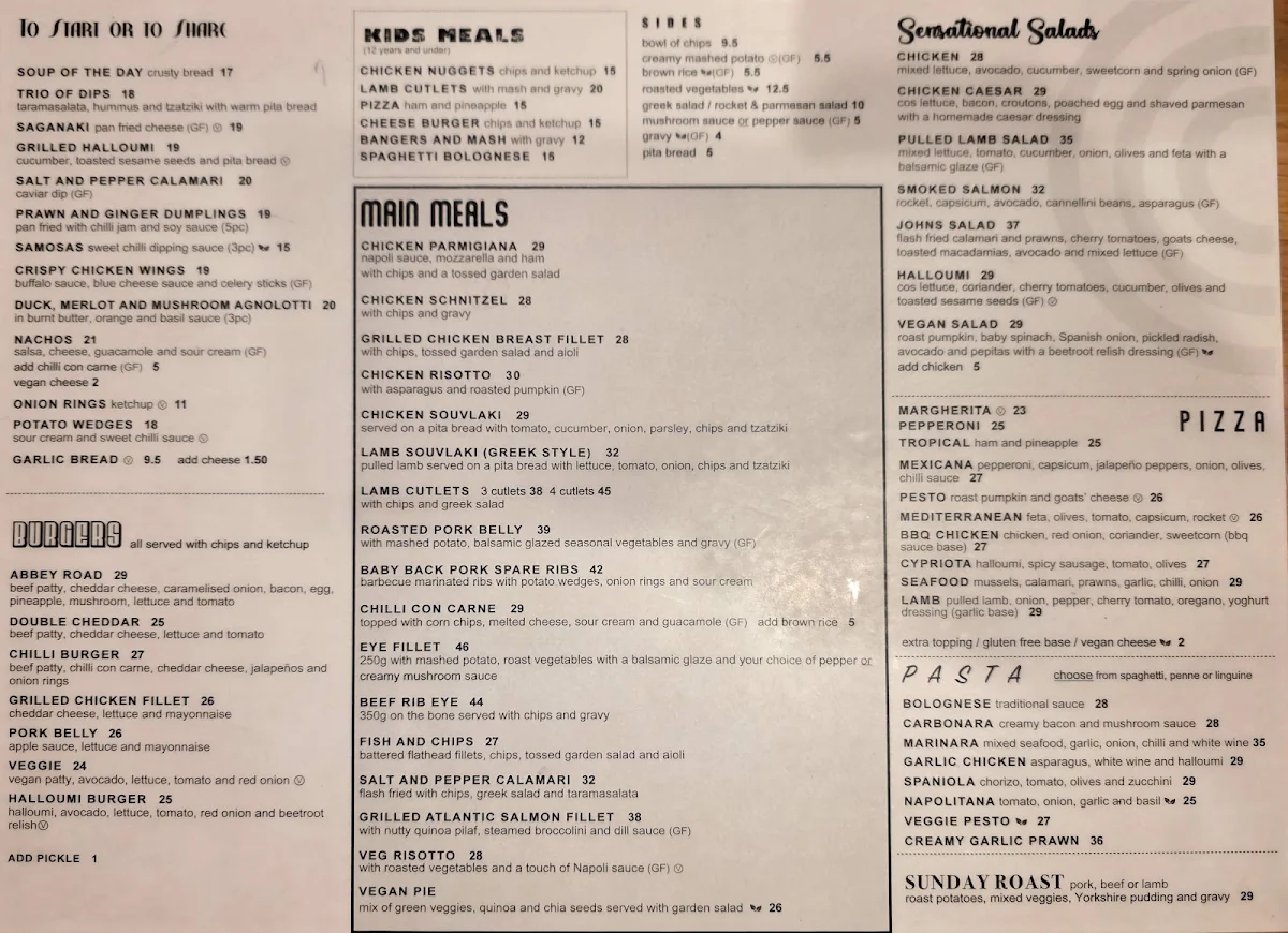 Menu, Abbey Road Cafe