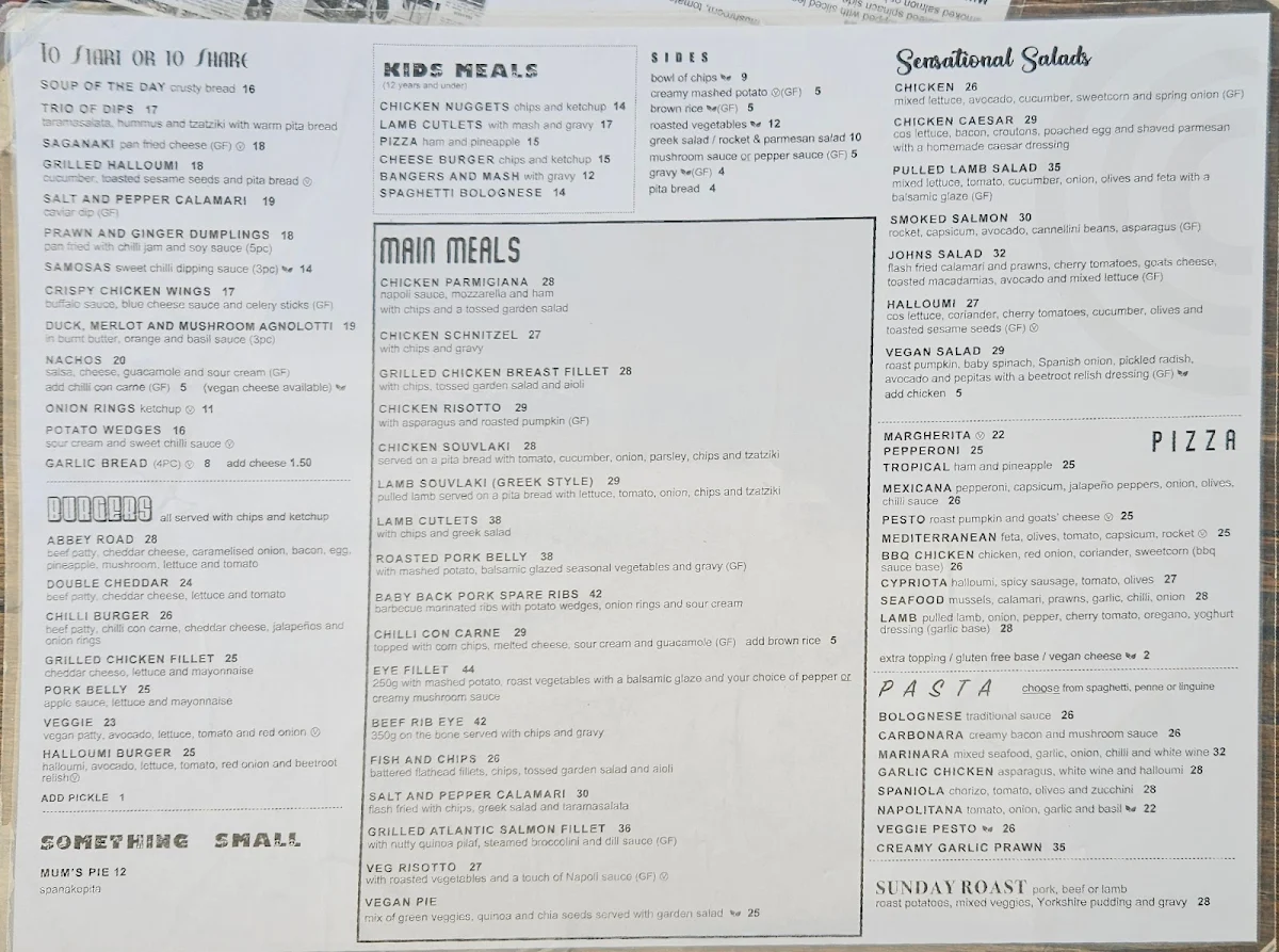 Menu, Abbey Road Cafe