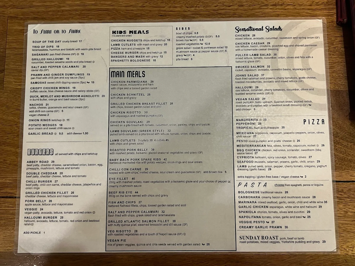 Menu, Abbey Road Cafe