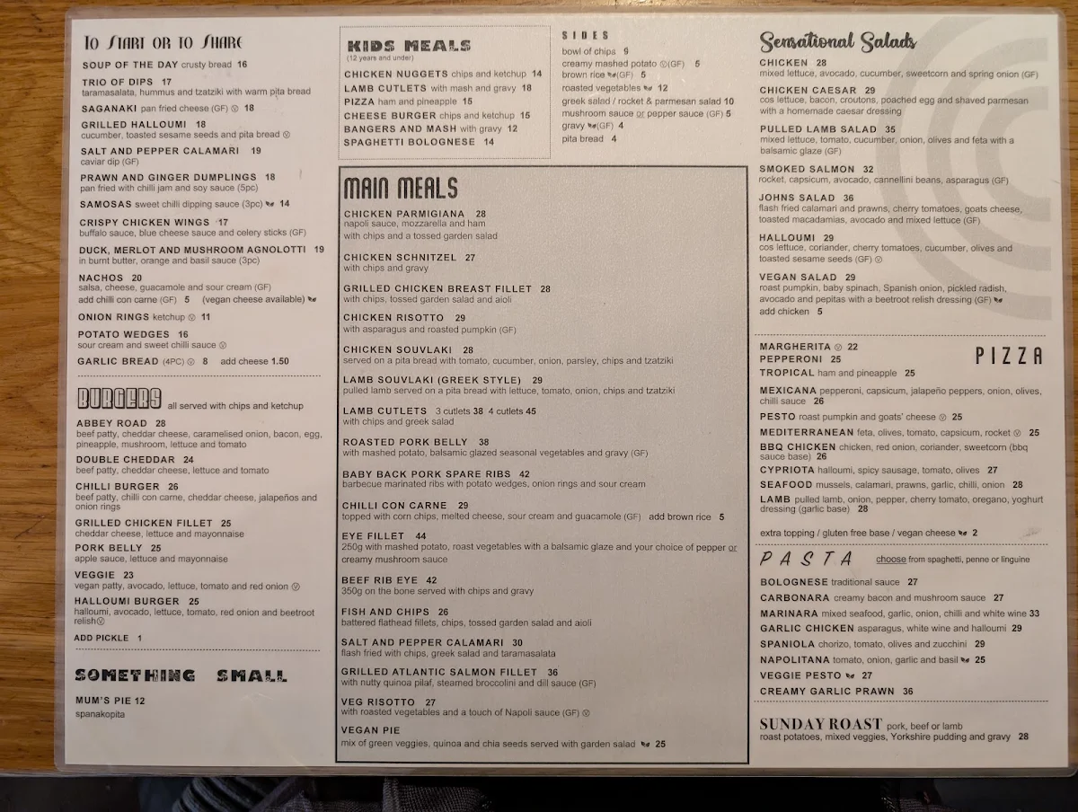 Menu, Abbey Road Cafe
