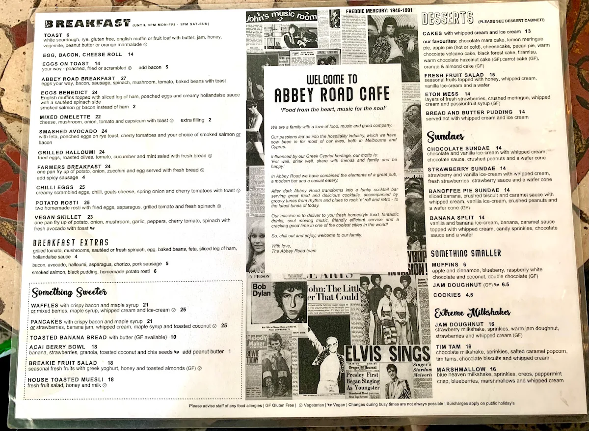 Menu, Abbey Road Cafe