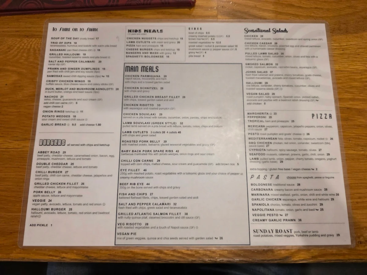 Menu, Abbey Road Cafe