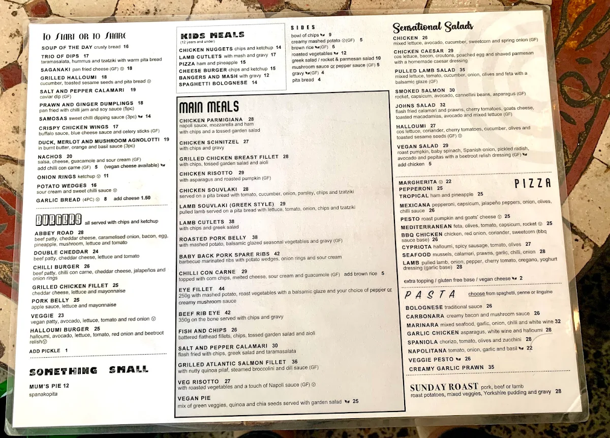 Menu, Abbey Road Cafe