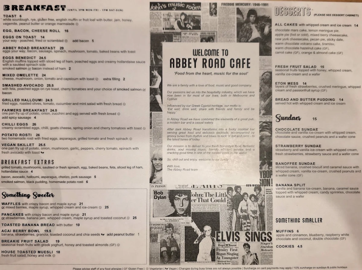 Menu, Abbey Road Cafe