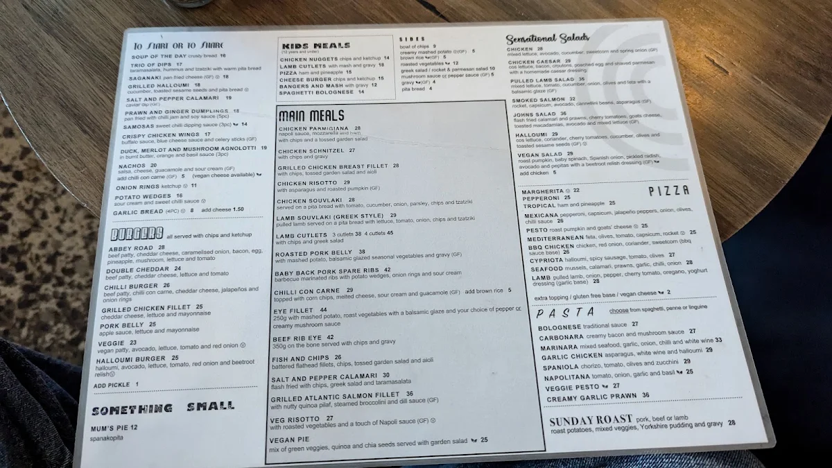 Menu, Abbey Road Cafe