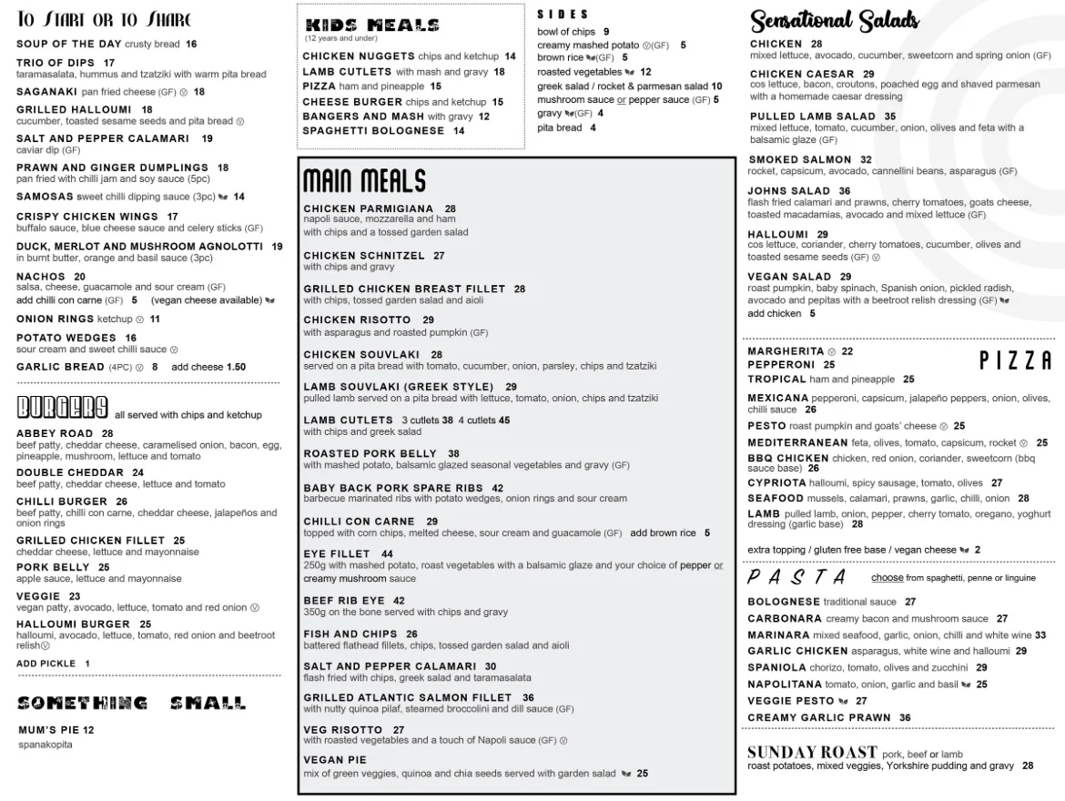 Menu, Abbey Road Cafe