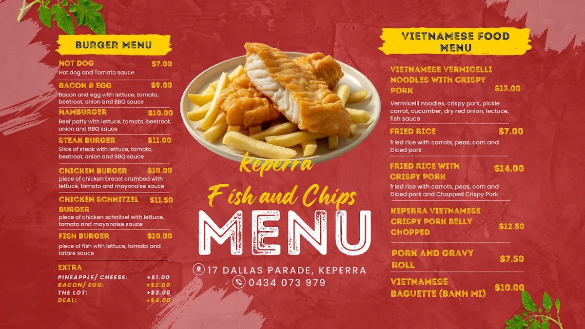 Menu, Keperra Fish and Chips