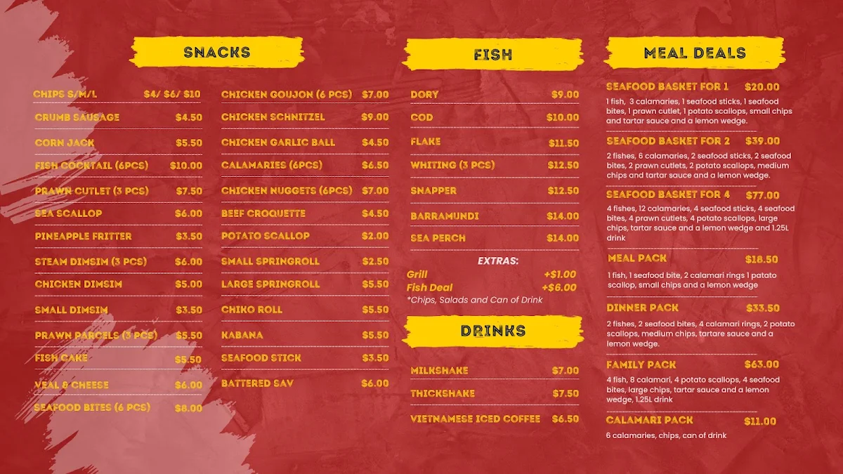 Menu, Keperra Fish and Chips