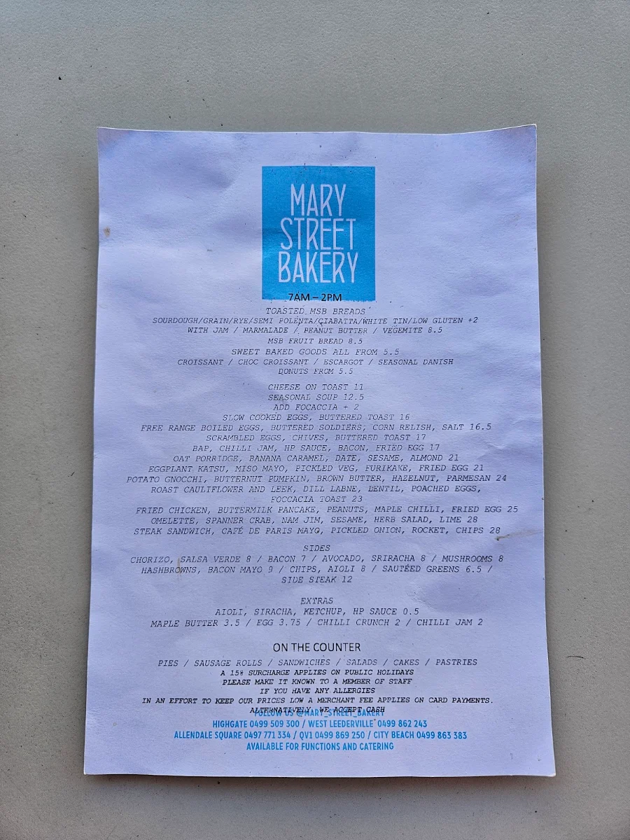 Menu, Mary Street Bakery