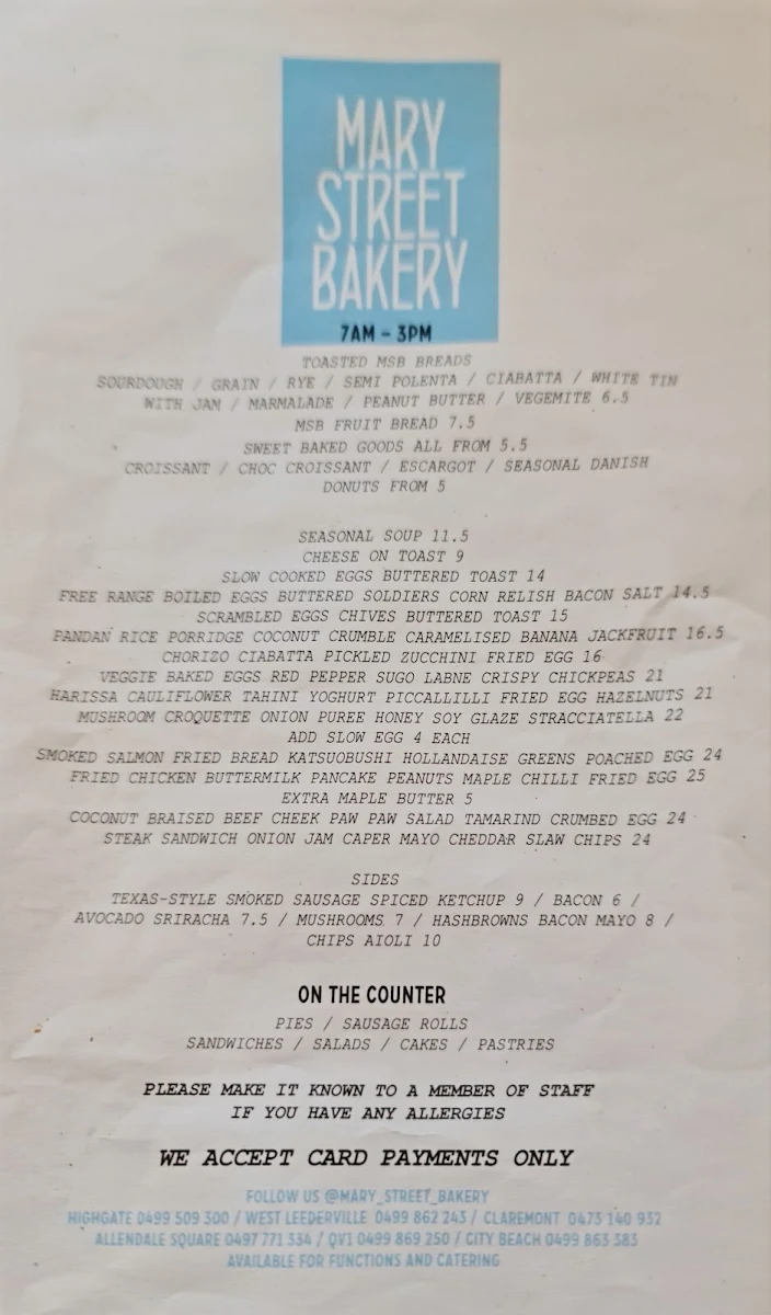 Menu, Mary Street Bakery