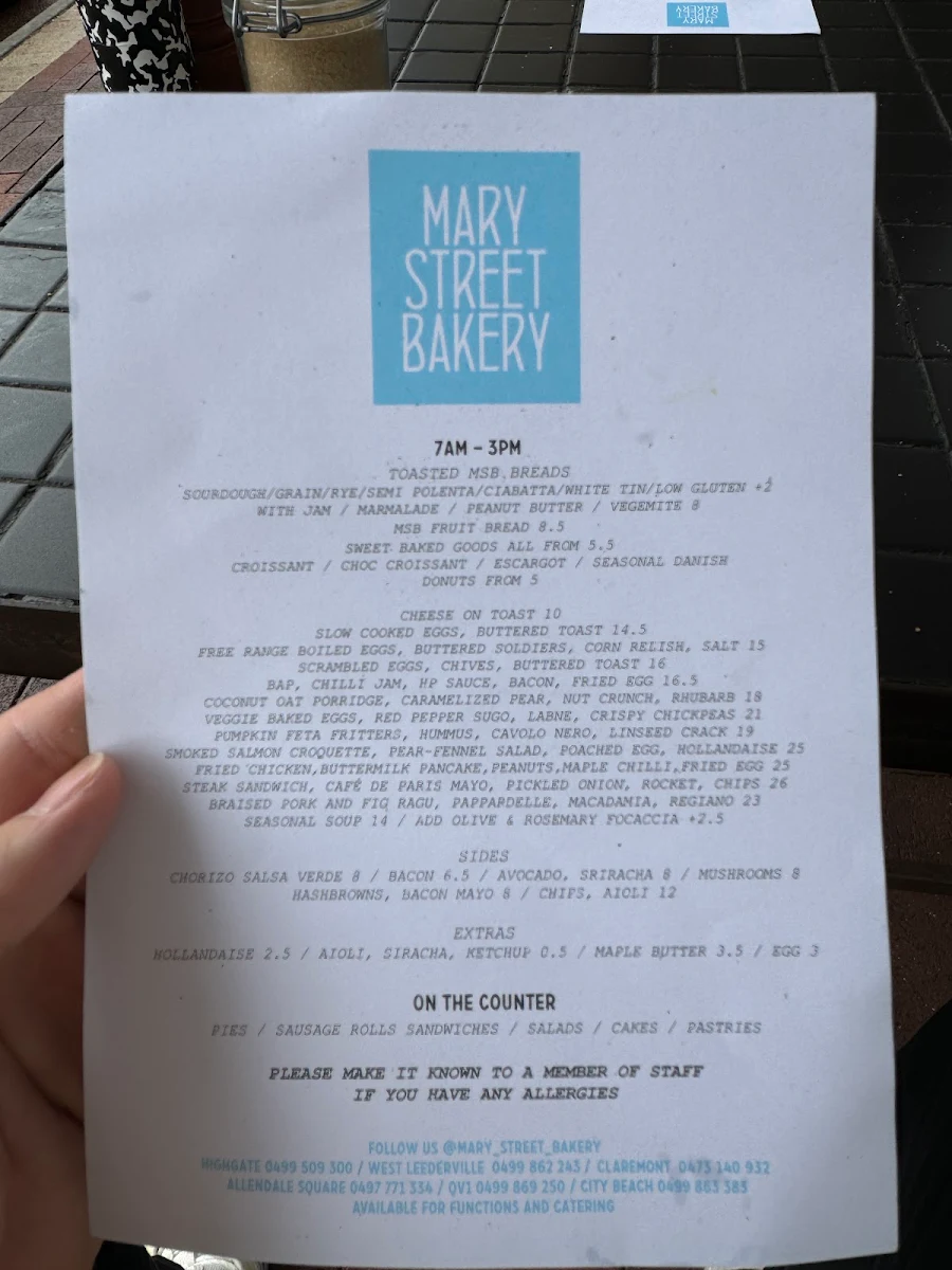 Menu, Mary Street Bakery