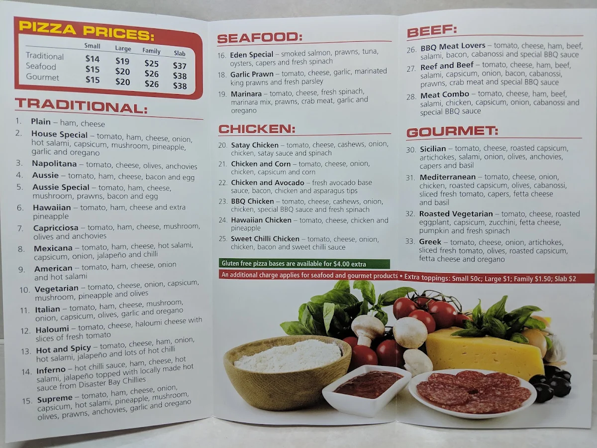 Menu, Eden Pizza