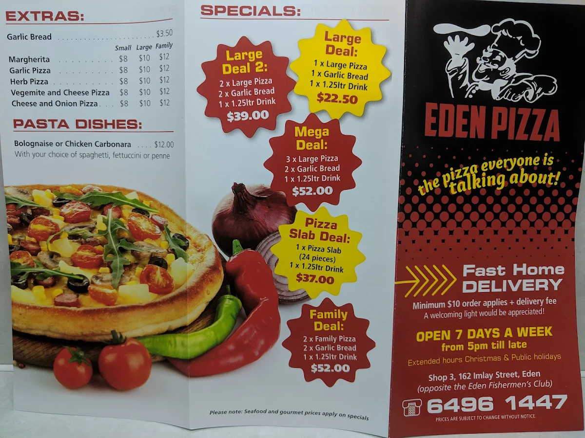 Menu, Eden Pizza