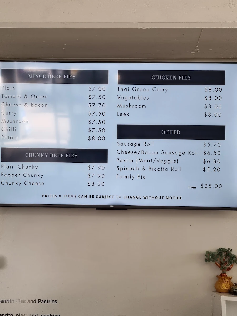 Menu, Penrith Pies and Pastries