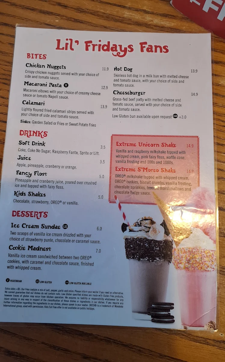 Menu, TGI Fridays Macquarie