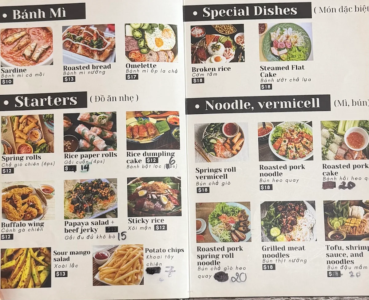 Menu, Thanh Nga Cafe