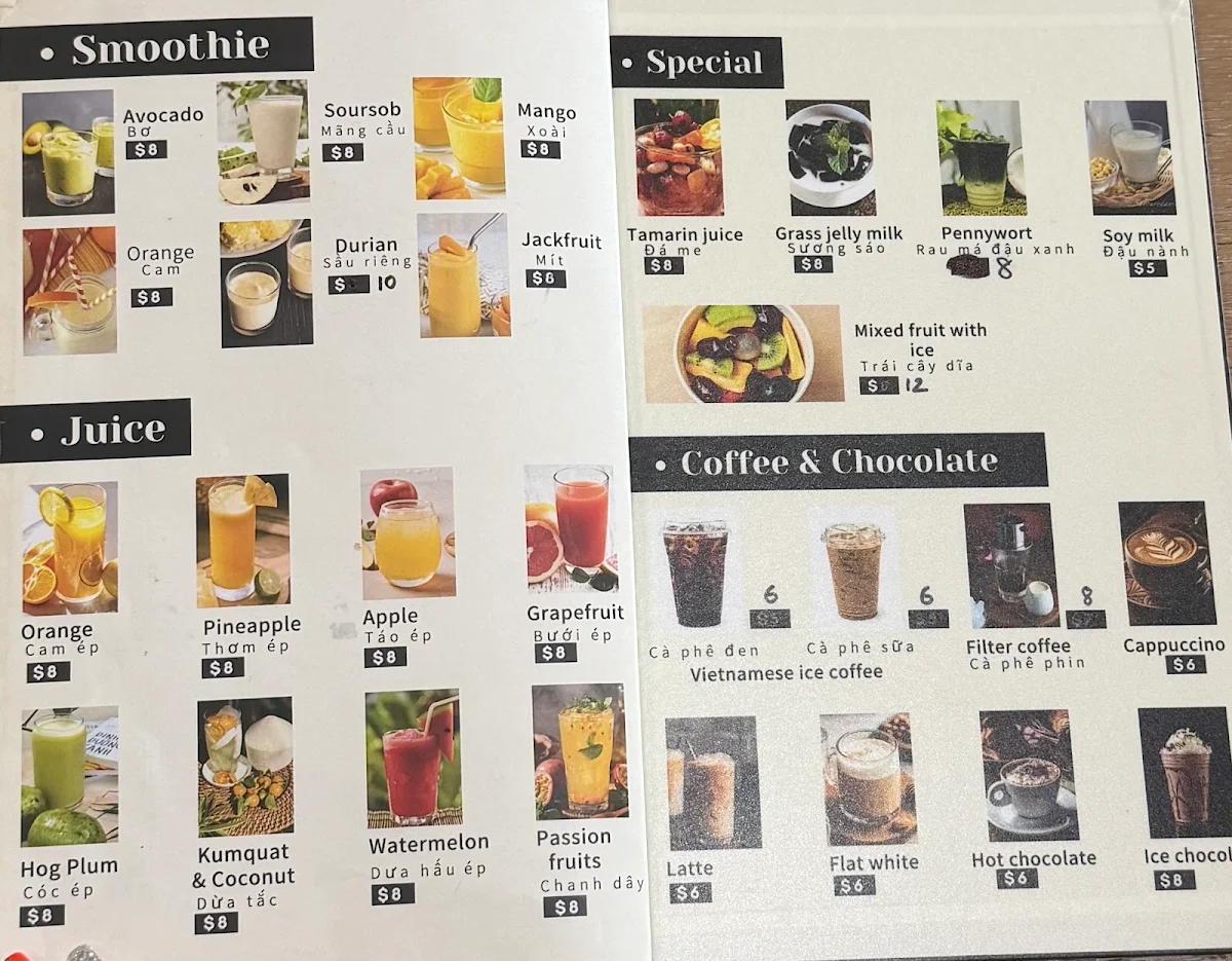 Menu, Thanh Nga Cafe